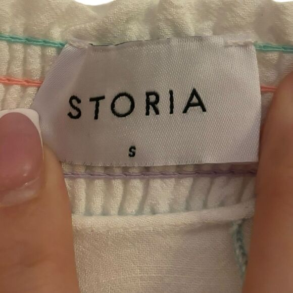 Storia Tahiti Twist Rainbow Trim Smocked Back Babydoll Mini Dress Small - Picture 10 of 12